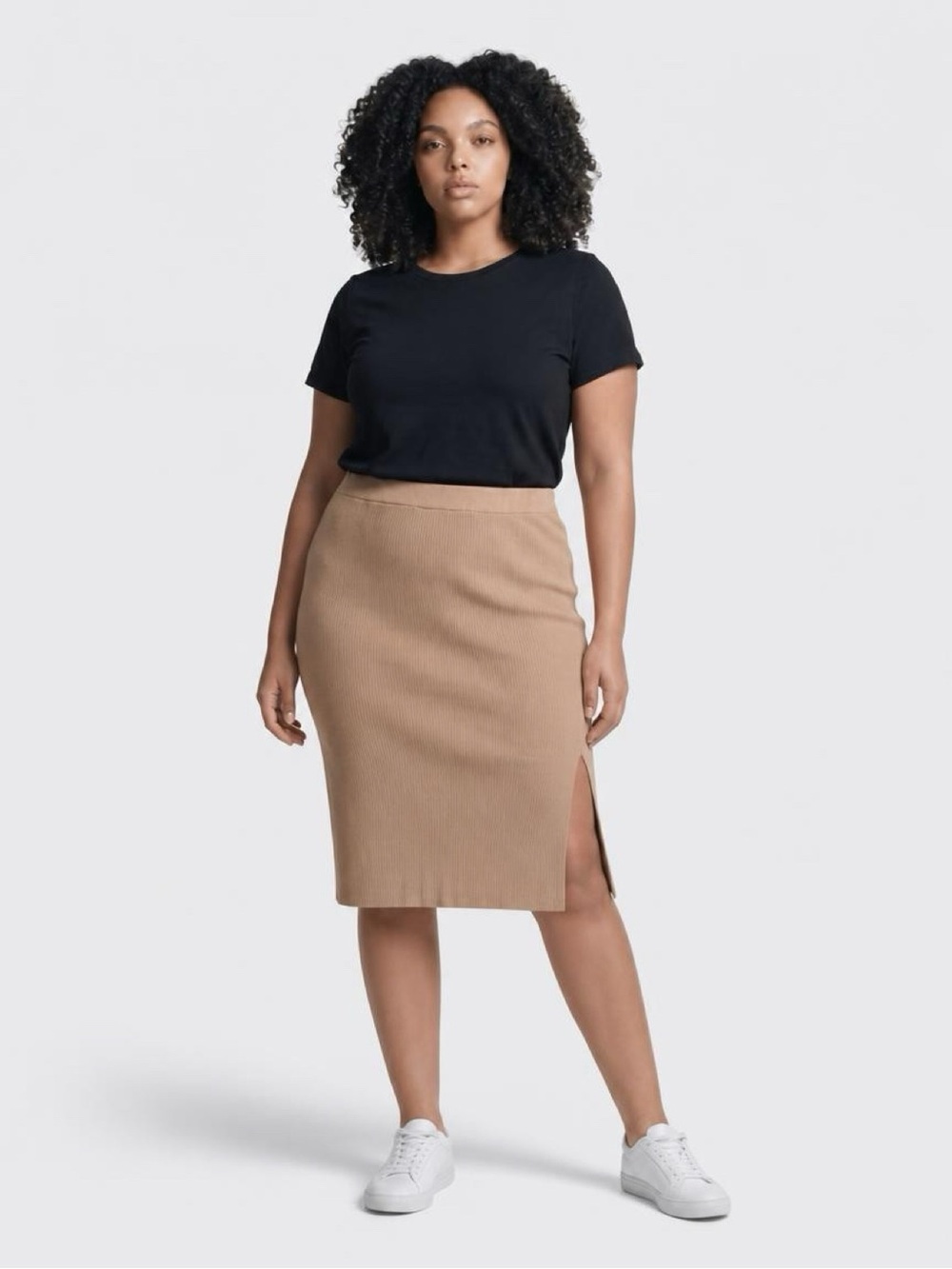 Ava & Viv Camel Ribbed Pencil Skirt with Side Slit